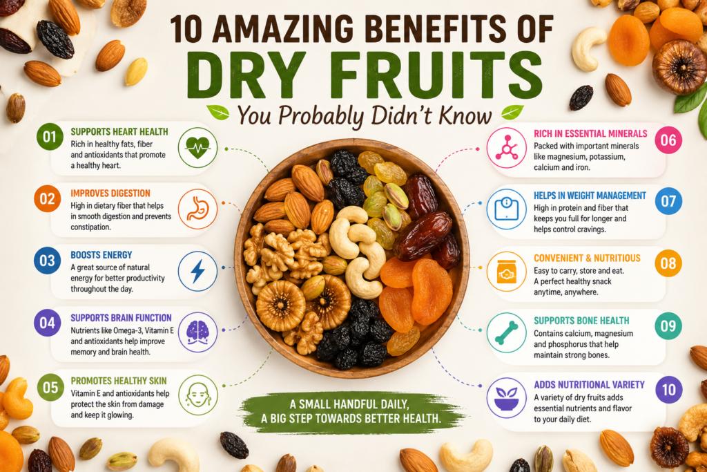 “10 amazing benefits of dry fruits infographic featuring almonds, walnuts, cashews, pistachios, raisins, dates, and dried figs, highlighting benefits for heart health, digestion, energy, brain function, skin, minerals, weight management, bones, and overall nutrition.”